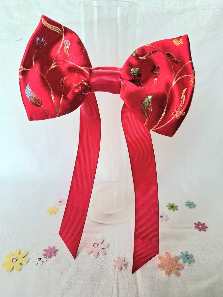 Red oriental satin and ribbon hair bow