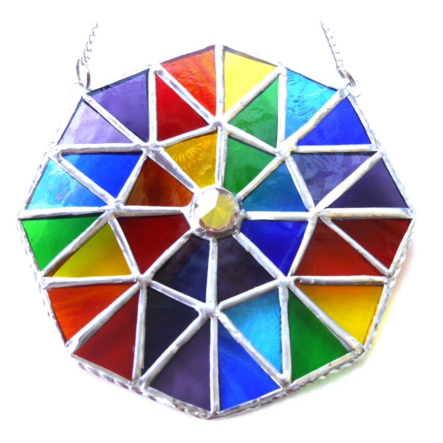 SOLD Rainbow Patchwork Octagon Suncatcher Stained Glass Handmade 006