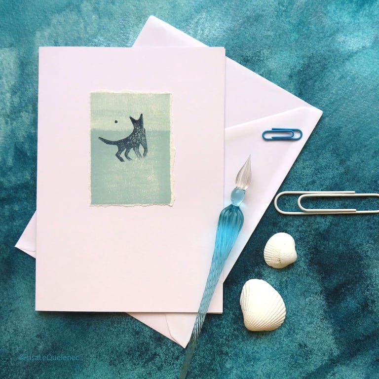 Hand printed dog silhouette on a beach blank artist art card
