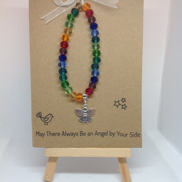 stretch bracelet, rainbow glass beads with angel charm on greetings card