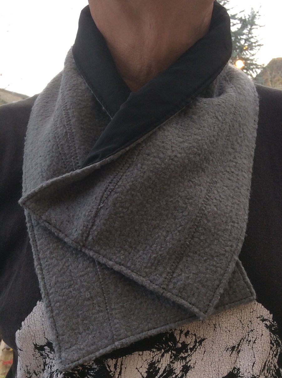 Neck warmer, snood, cowl, scarf, grey textured woollen fabric