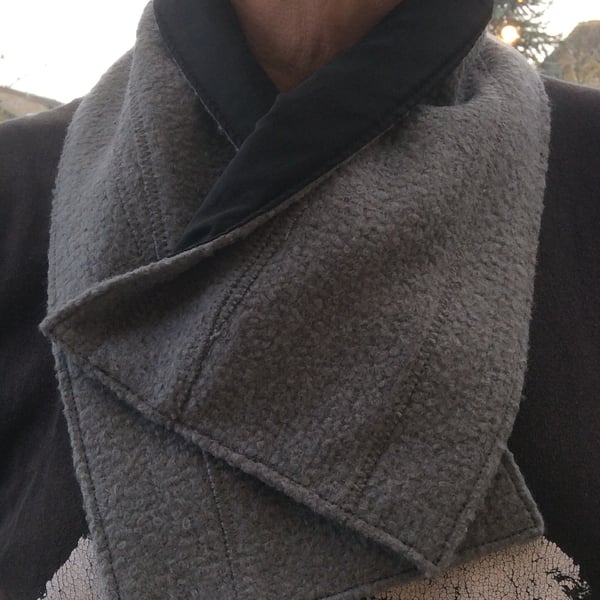 Neck warmer, snood, cowl, scarf, grey textured woollen fabric