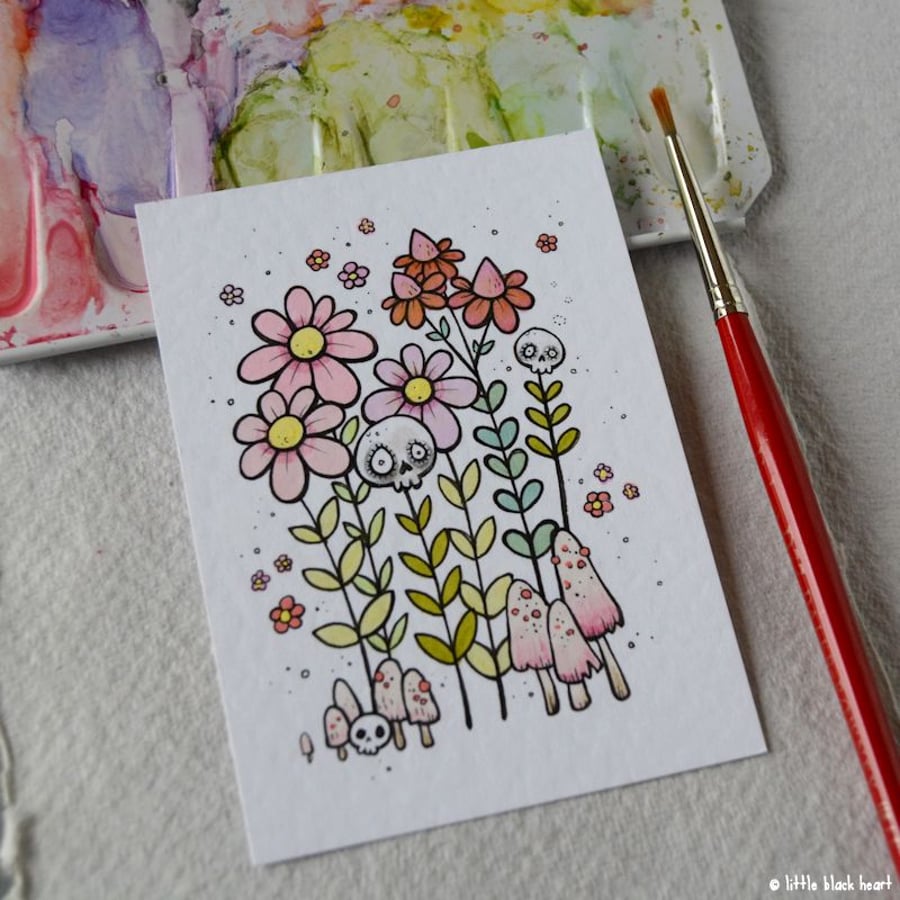 spring skull garden - original aceo