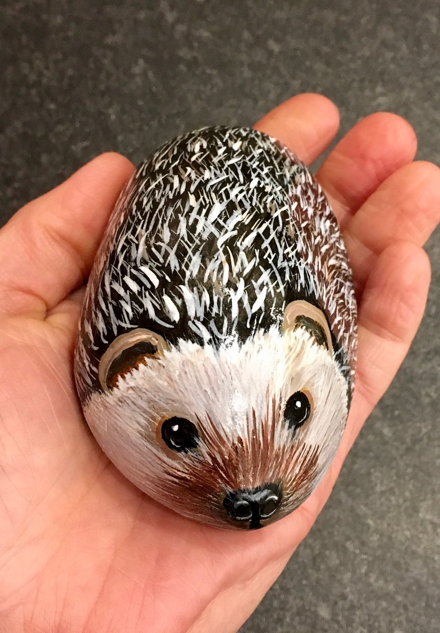 Hedgehog painted pebble rock pet art 
