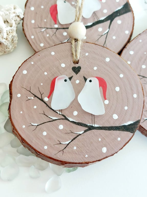 Sea Glass Lovebirds Christmas Ornament, Handmade Quirky Coastal Tree Decoration