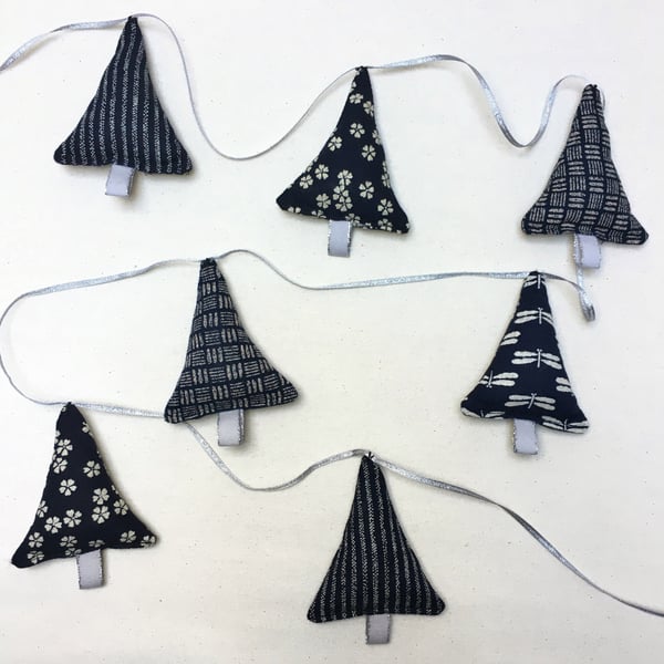 Christmas Tree Bunting Japanese Fabric Indigo Blue and Silver
