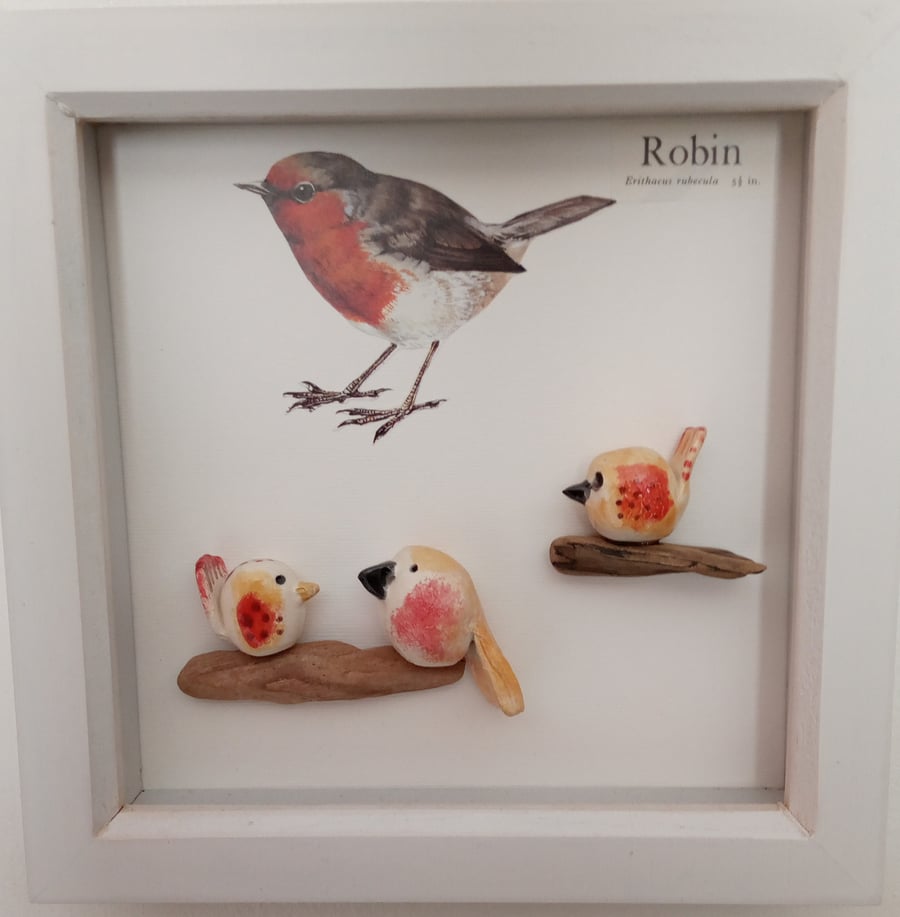 Framed ceramic birds Robin