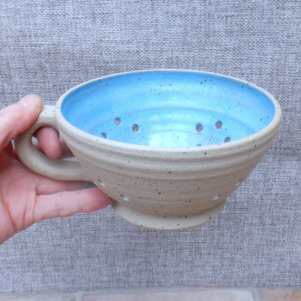 Hand thrown Berry bowl cup or colander drainer stoneware ceramic in turquoise gl