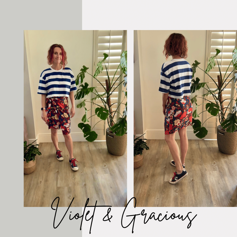 Blue Floral Wrap Skirt . Short Skirt . Tie Side Skirt . size 8