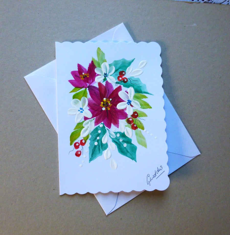 original art hand painted floral Christmas blank greetings card ( ref FA69 R2 )