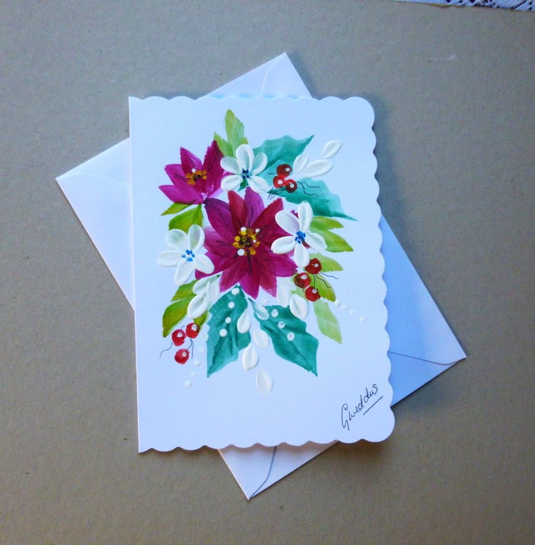 original art hand painted floral Christmas blank greetings card ( ref FA69 R2 )
