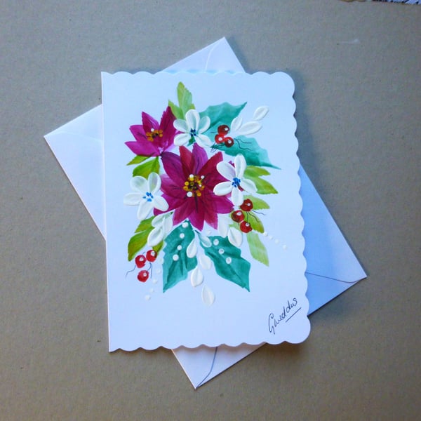 original art hand painted floral Christmas blank greetings card ( ref FA69 R2 )