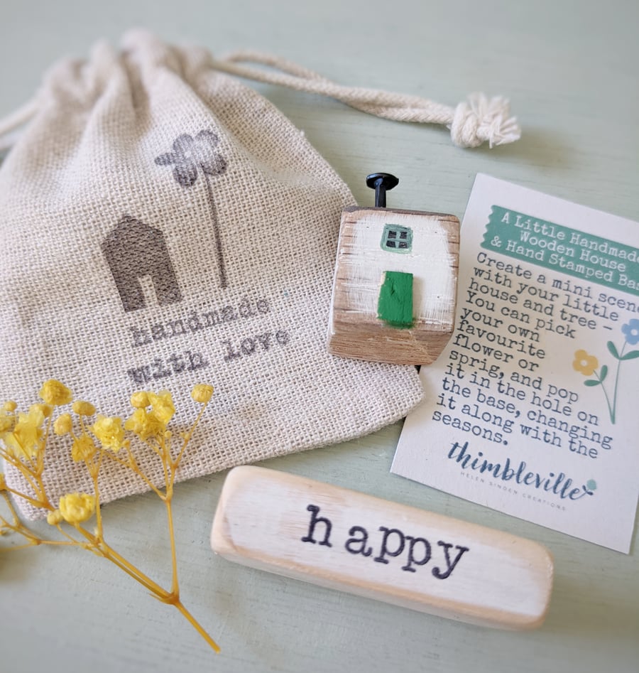 Little Wooden Handmade House and Base in a Bag - Happy