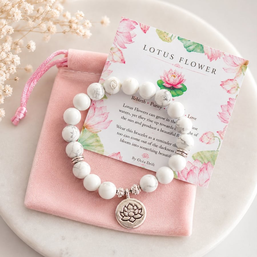 Lotus Charm  & Howlite Bracelet