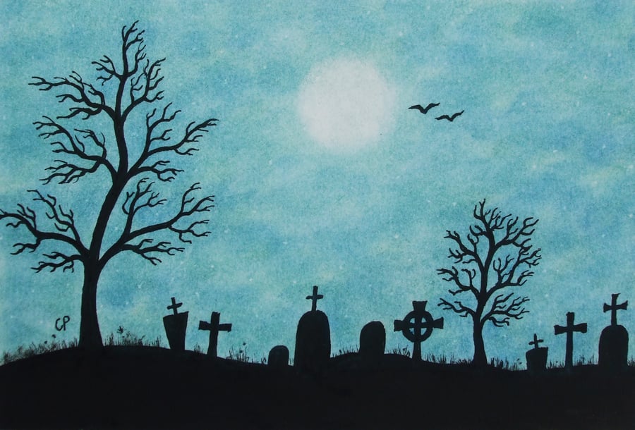 Gothic Art Card, Moon Cemetery, Tree Gravestones Silhouette Card, Sympathy Card