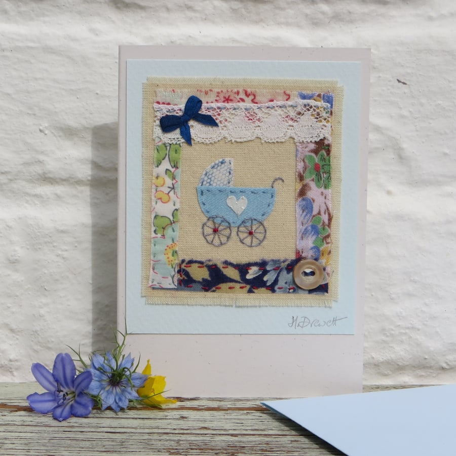 Little pram embroidery on card, vintage fabrics, for a precious new baby boy