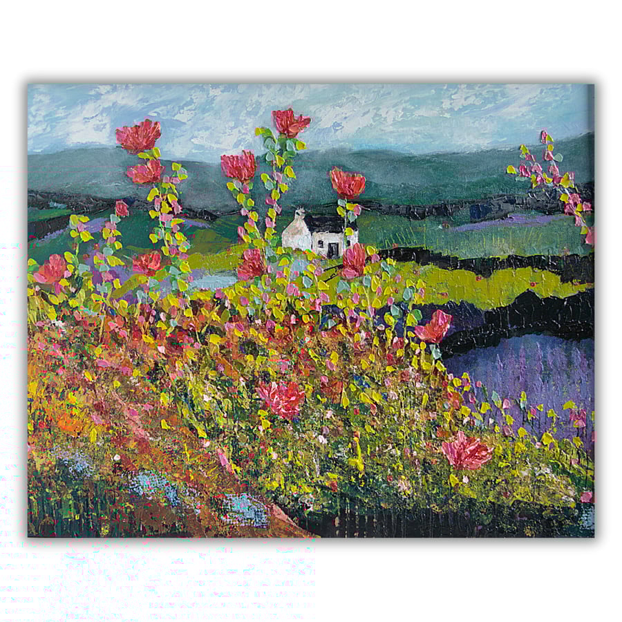 Framed painting - oil - Scottish landscape - cottage - wildflowers - impasto