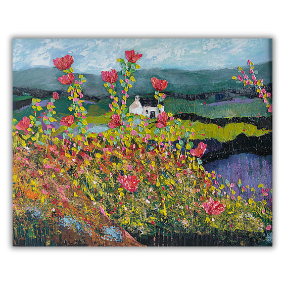 Framed painting - oil - Scottish landscape - cottage - wildflowers - impasto