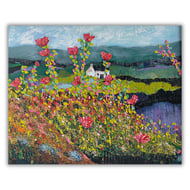 Framed painting - oil - Scottish landscape - cottage - wildflowers - impasto