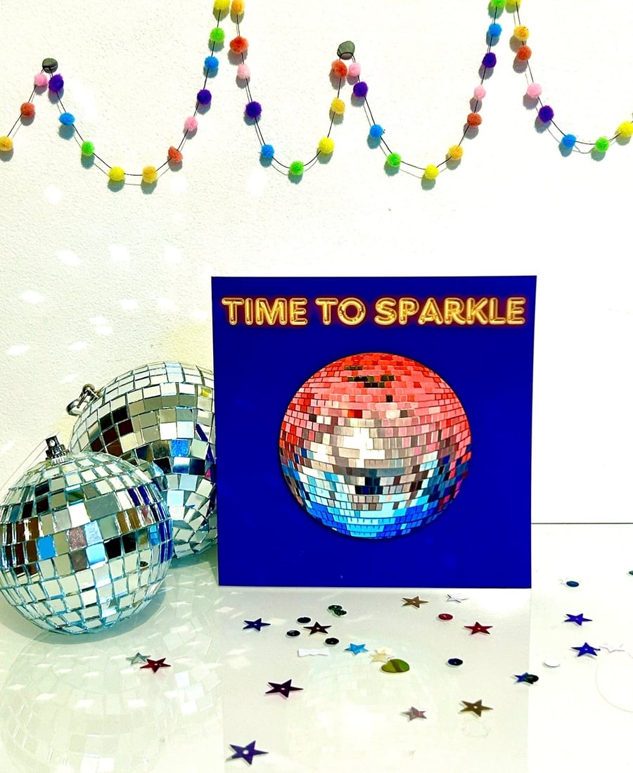 Time to sparkle - Disco ball greeting card - includes detachable coaster gift