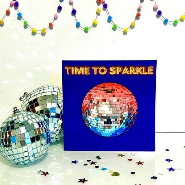 Time to sparkle - Disco ball greeting card - includes detachable coaster gift