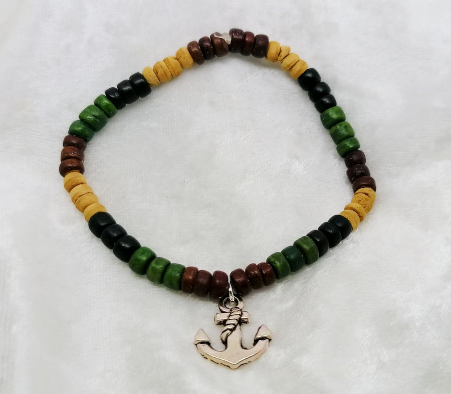 Wooden Surfer's bead bracelet with silver Anchor charm.