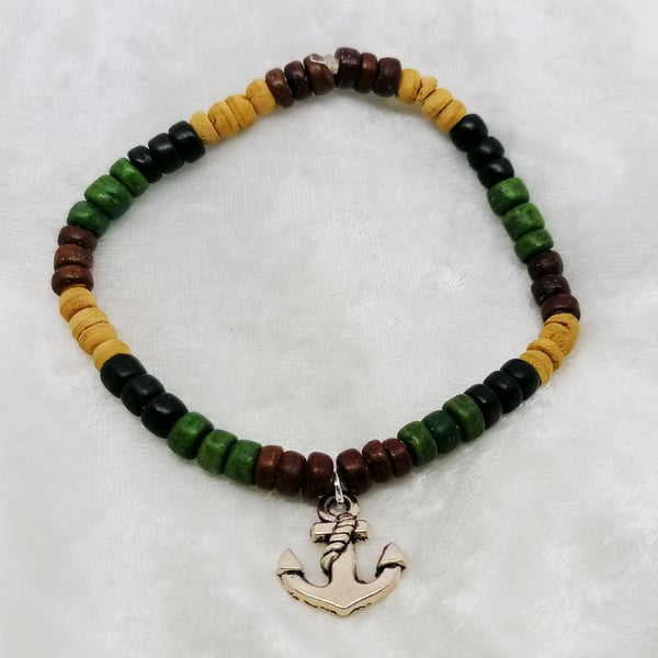 Wooden Surfer's bead bracelet with silver Anchor charm.