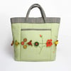 Pistachio linen project bag with posy chain embroidery