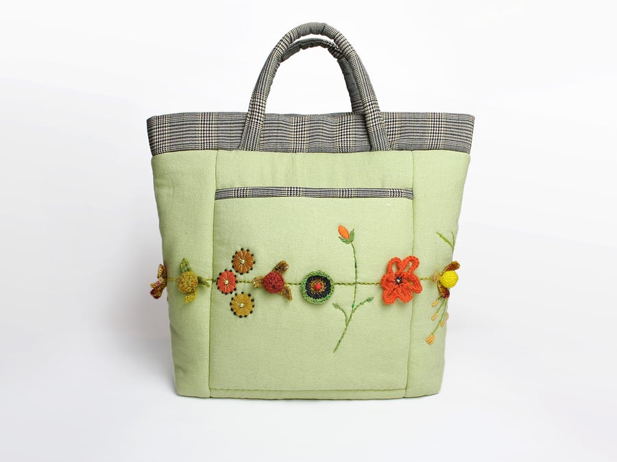Pistachio linen project bag with posy chain embroidery
