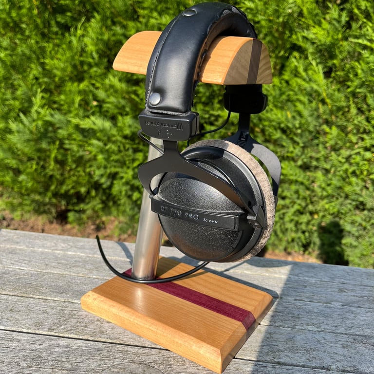 Handmade Solid Wood Beech & Purpleheart Headphone Stand - Gaming & Music Gift