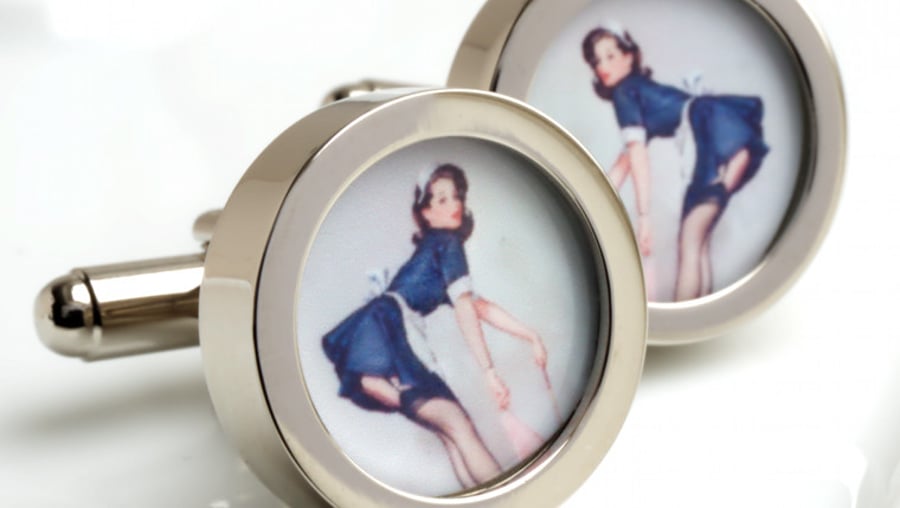 Vintage Pinup Cufflinks of a Short Skirted Maid 1950s Kitch Fun Cuff Links