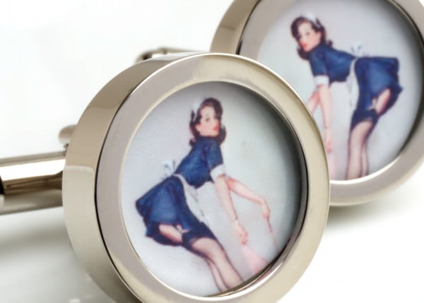 Vintage Pinup Cufflinks of a Short Skirted Maid 1950s Kitch Fun Cuff Links