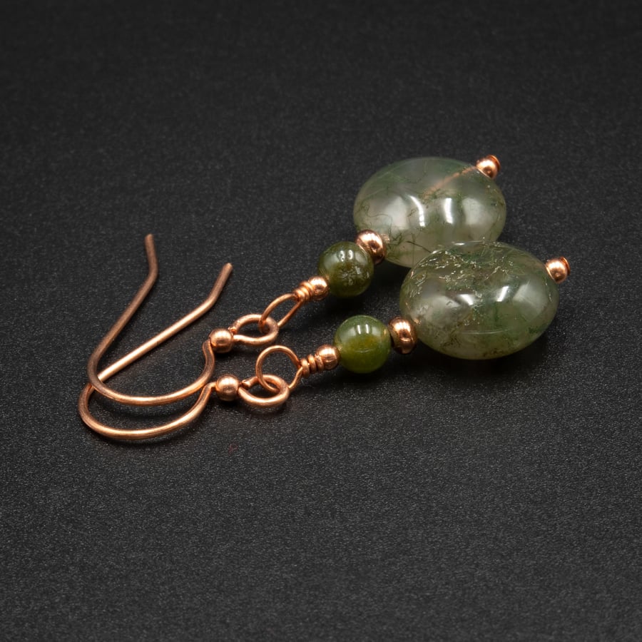 Moss agate gemstone and copper earring drops, Gemini, Taurus gift