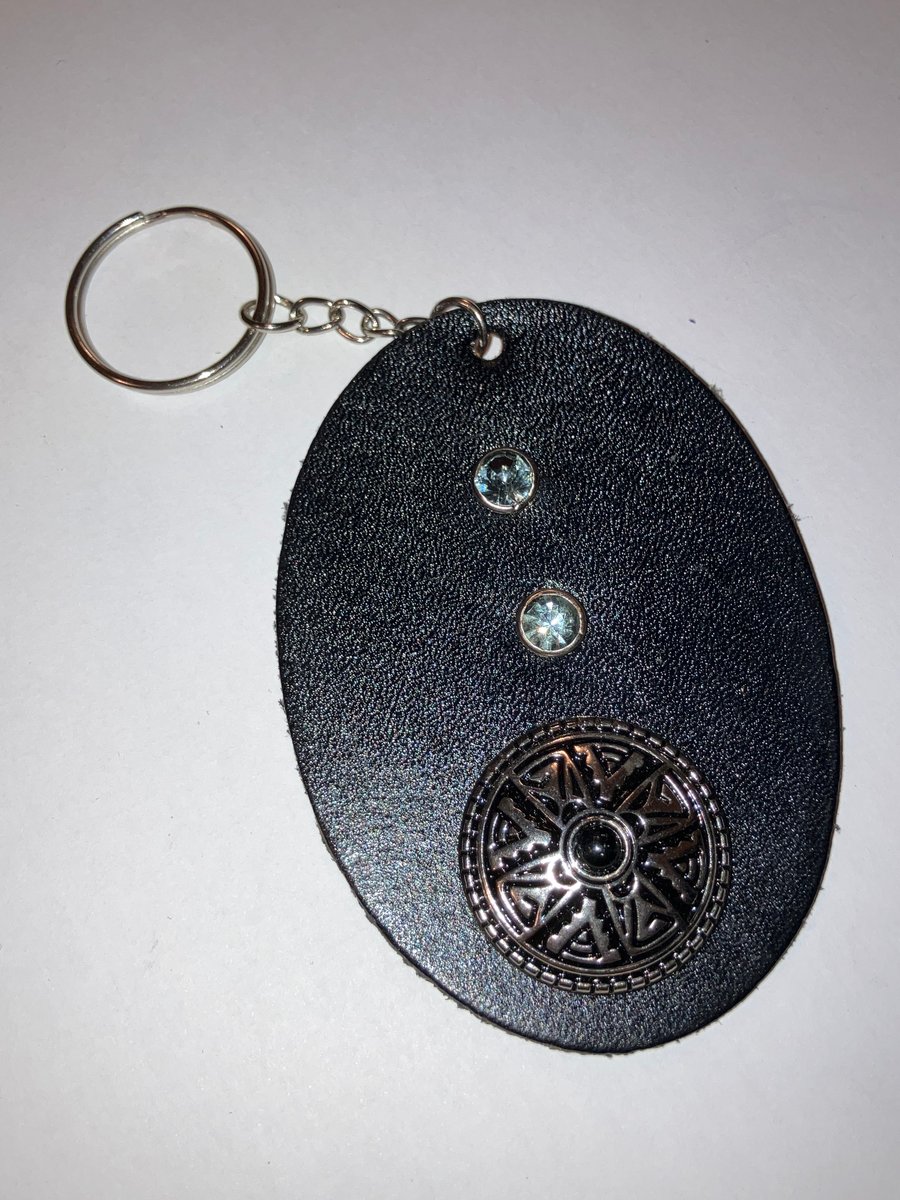 Black Leather Keyring w Decorative Design and 2 Greyish Gemstones