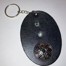 Black Leather Keyring w Decorative Design and 2 Greyish Gemstones