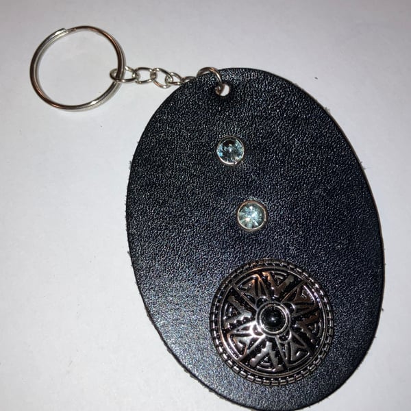Black Leather Keyring w Decorative Design and 2 Greyish Gemstones