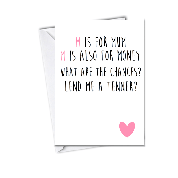 mothers day card funny humour cheeky witty rude card for mum m is for money 