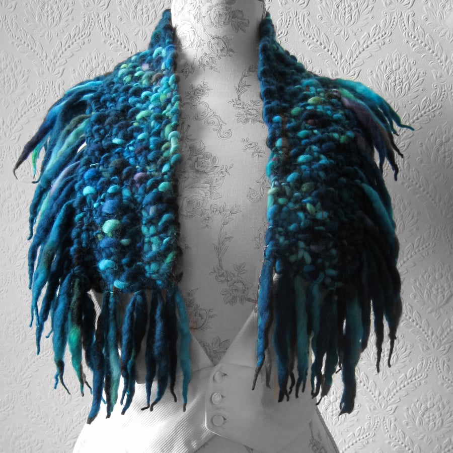 Peacock Blue scarf with tassels - Folksy