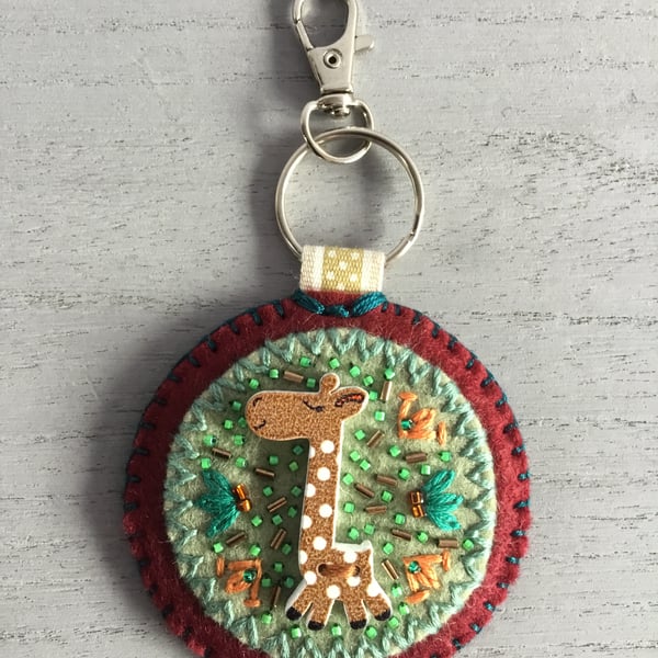 Hand Embroidered Giraffe Keyring or Bag Charm 