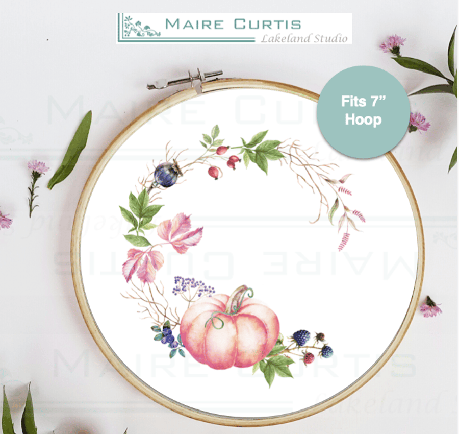 Watercolour Pumpkin Wreath Print Cotton linen Embroidery Panel