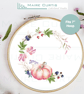 Watercolour Pumpkin Wreath Print Cotton linen Embroidery Panel - Image 1