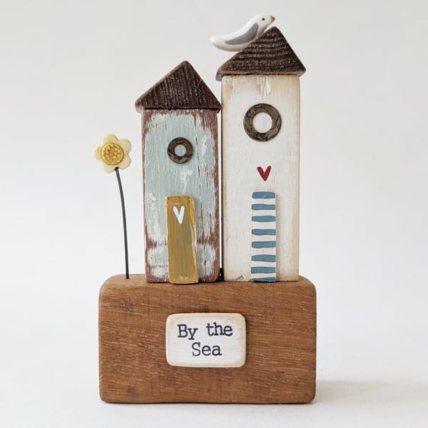 Tall Wooden Sea Huts with Clay Flower and Seagull 'By the Sea'