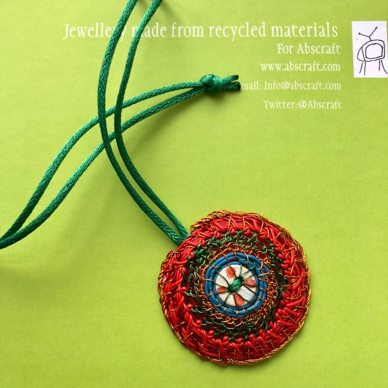Painted button pendant from recycled and found materials