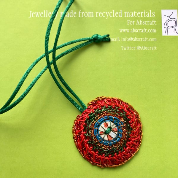 Painted button pendant from recycled and found materials