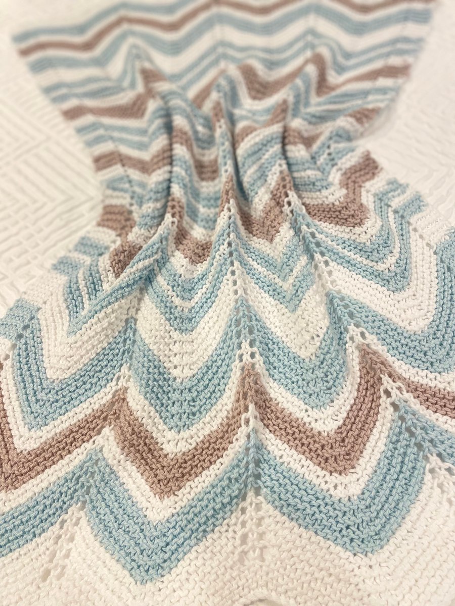 Blue, white and taupe chevron striped baby blanket in 100% cotton 