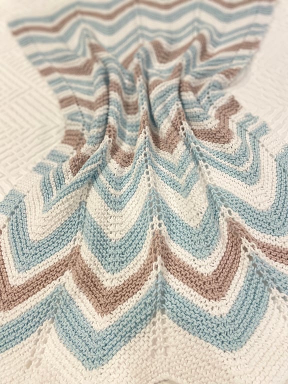 Blue, white and taupe chevron striped baby blanket in 100% cotton 