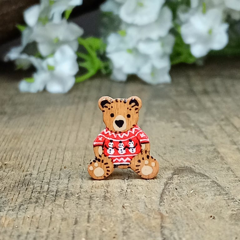 Handmade Christmas Teddy Bear Brooch, Personalised Wooden Festive Jumper Pin