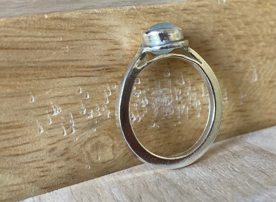 Handmade Warm Grey Welsh Sea Glass & Sterling Silver Ring Size N-O