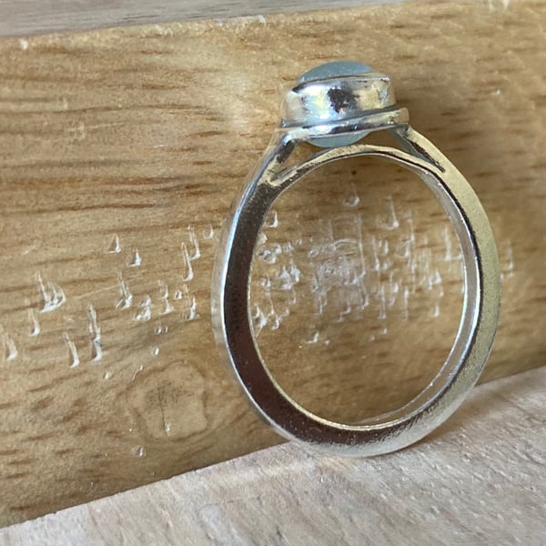 Handmade Warm Grey Welsh Sea Glass & Sterling Silver Ring Size N-O
