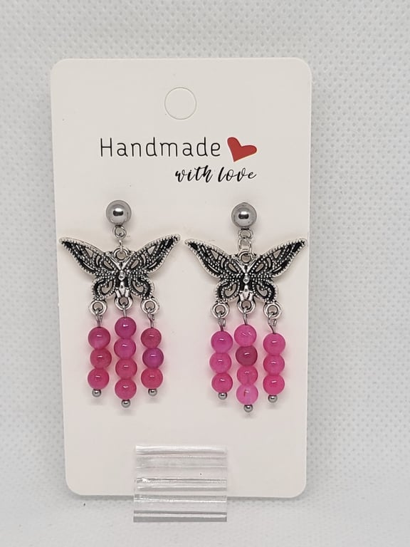 Pink Agate Butterfly Earrings Stainless Steel Studs Handmade Jewellery